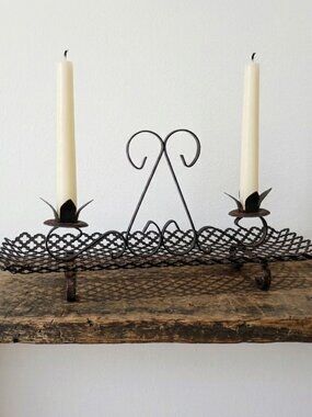 Vintage Wrought Iron Candlestick Holder Black Metal Mesh Centerpiece Tray MCM